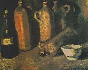 Still life with four jugs, bottles and white bowl